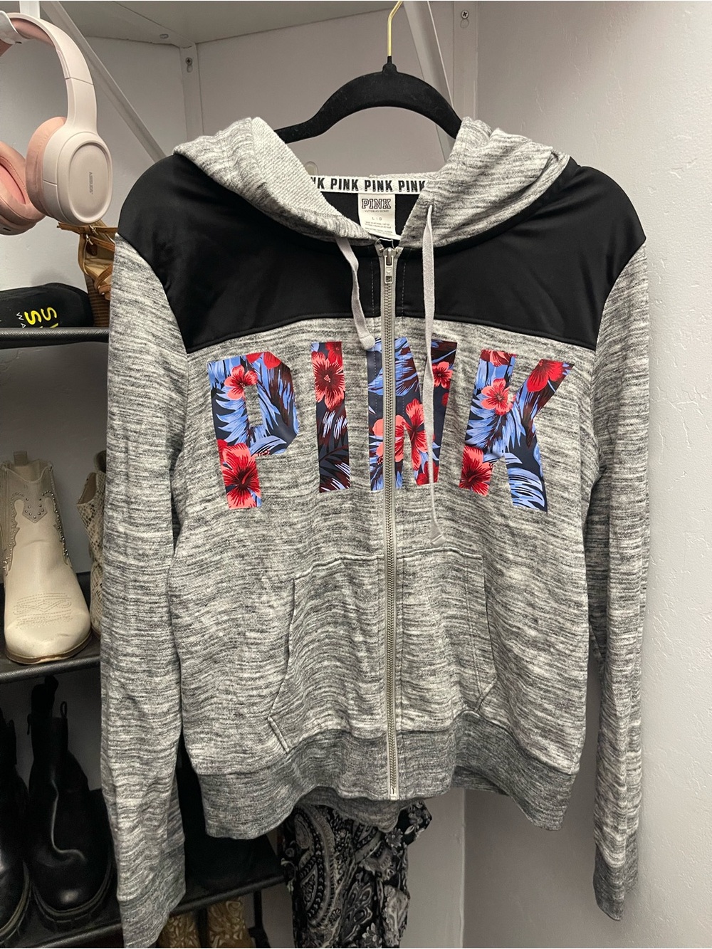 PINK Floral Lettering Zip Hoodie in Heather Gray with matching sweats